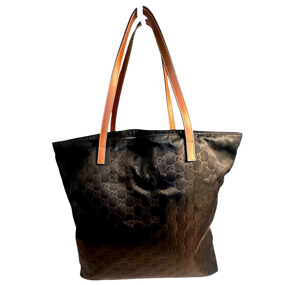 Gucci Black Nylon Tote Bag Large Shoulder Bag Leather Tan Trim - Picture 2 of 12